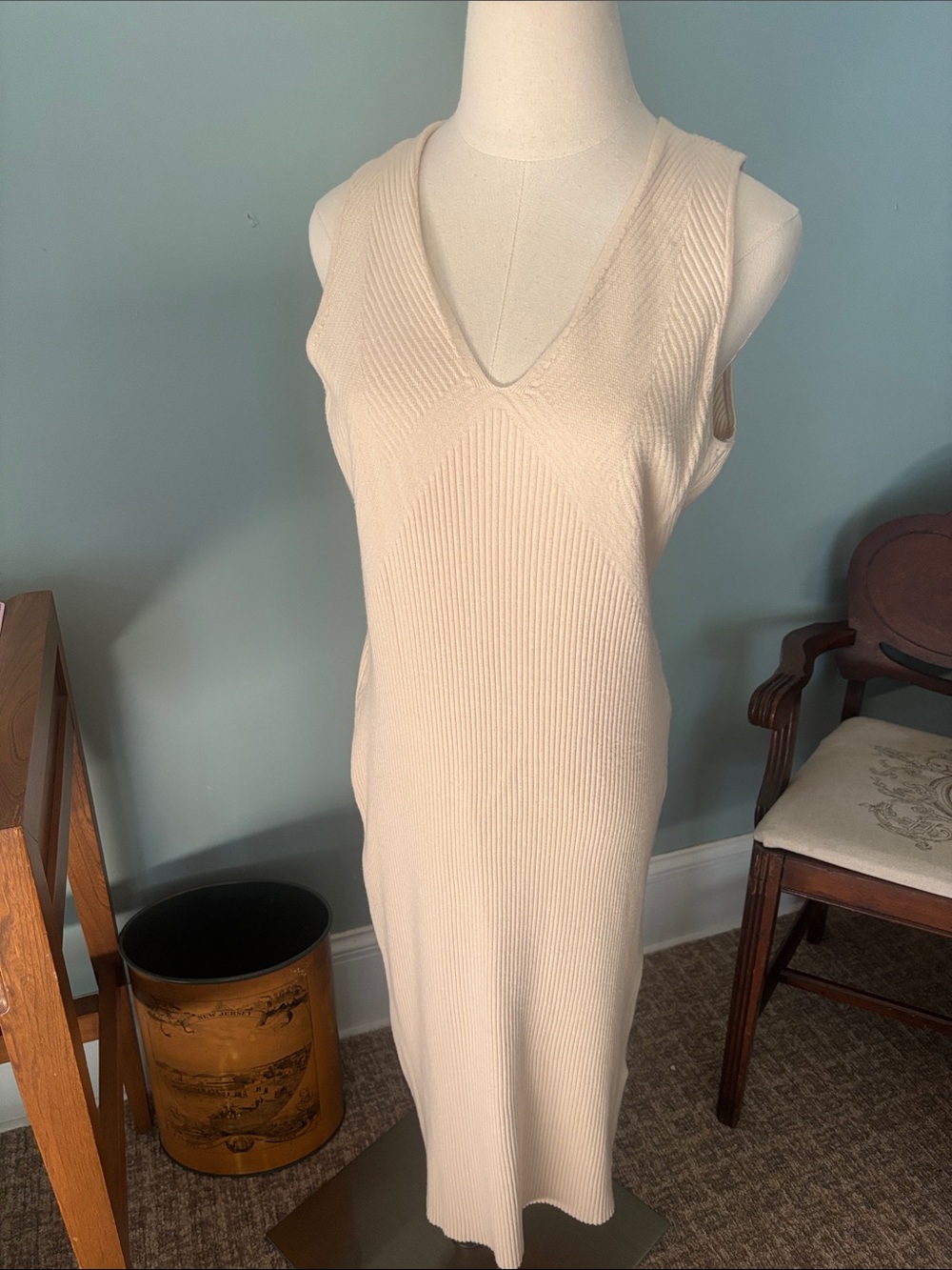 Express Cream Ribbed Sweater Dress with V Neck